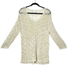 J. Jill Boho Coastal 100% Cotton Open Knit Crochet Lagenlook V-Neck Goblincore